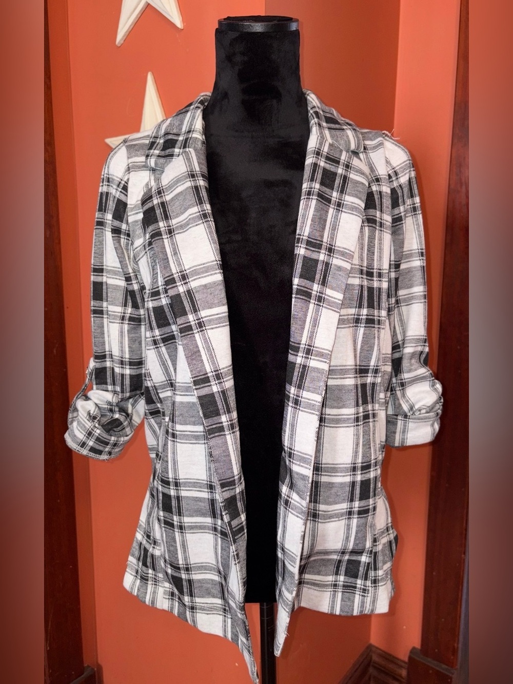 NWT- Haute Monde Black & White Plaid Open-Front Blazer